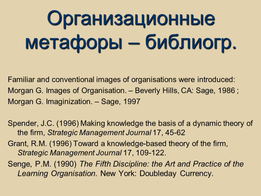 Организационные метафоры – библиогр. Familiar and conventional images of organisations were introduced: Morgan G.